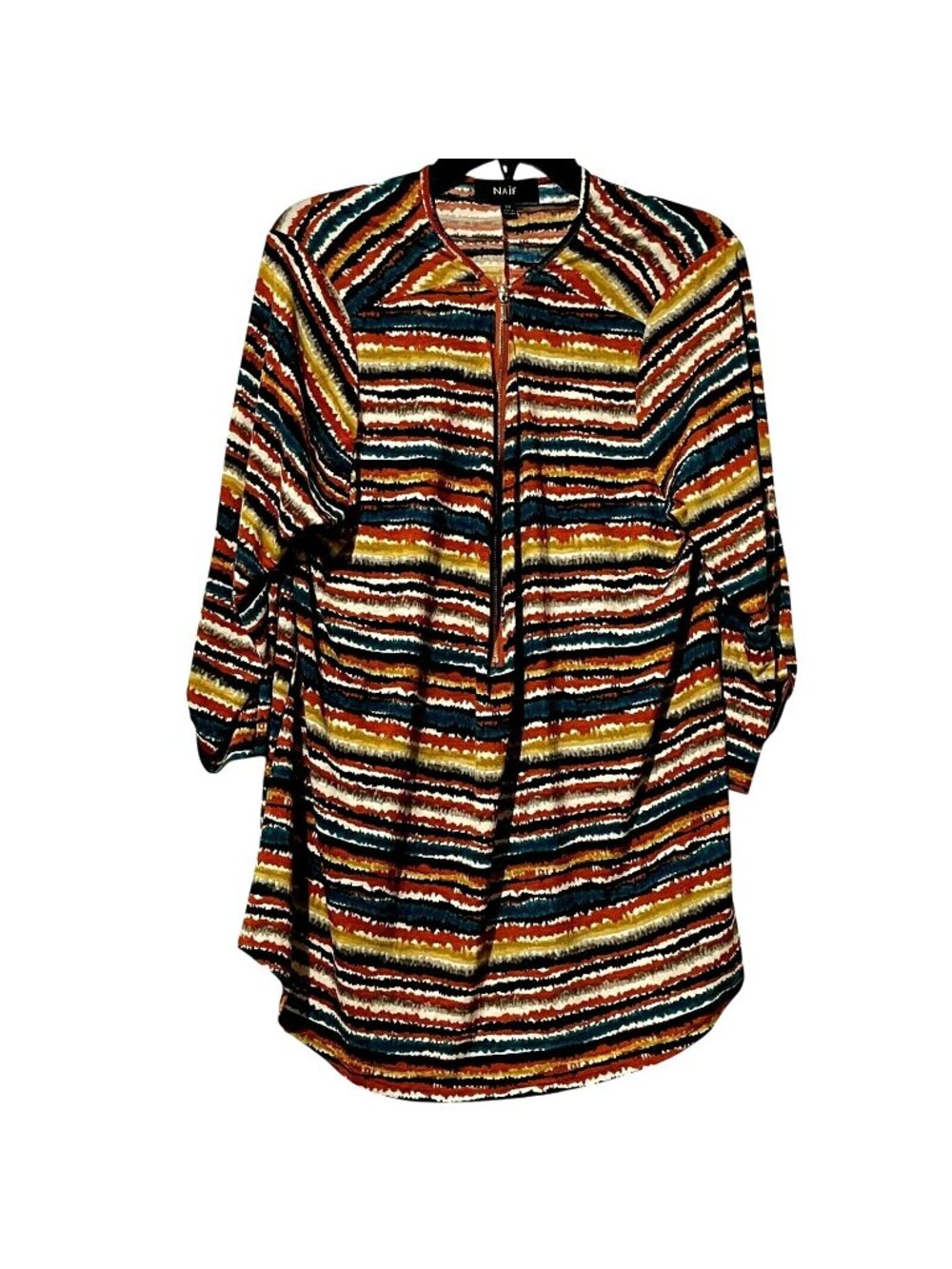 Naif Womens Multicolor Striped Tunic 3X Polyester Blend Stylish Zip-Up